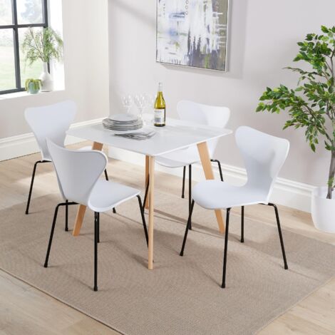 Dining Table Set 80cm White Top Wooden Legs 4 Curved Plastic White Metal Chairs