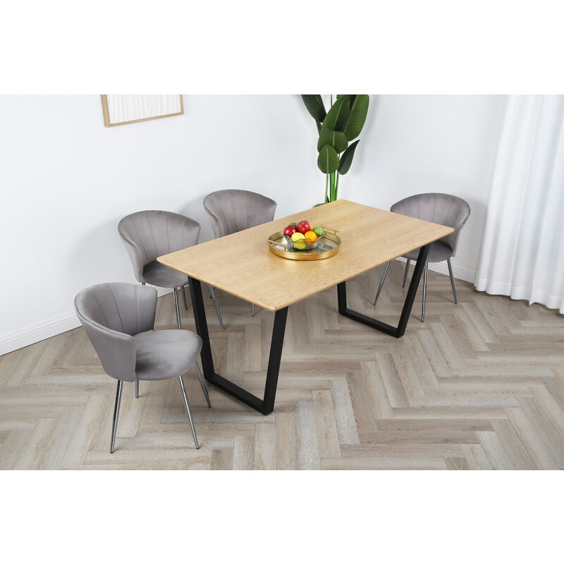 Dining Table Set of 4 - Oak Table with Mill Chairs in Grey Velvet and Silver Legs