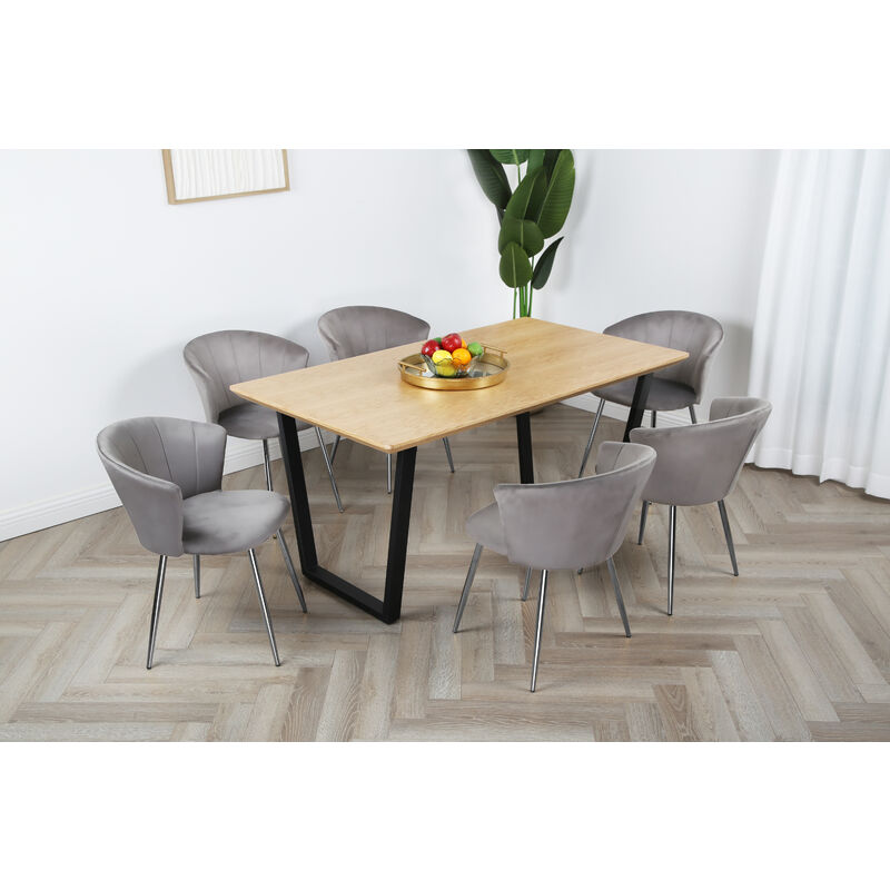 Dining Table Set of 6 - Oak Table with Mill Chairs in Grey Velvet and Silver Legs