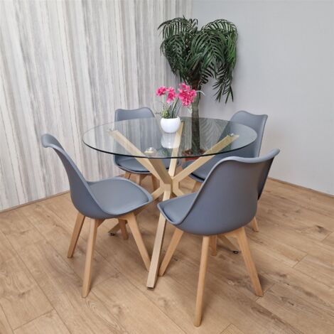 Dining Table Set with 4 Chairs Round Wood Effect Legs 4 Plastic Grey Chairs Dining Room