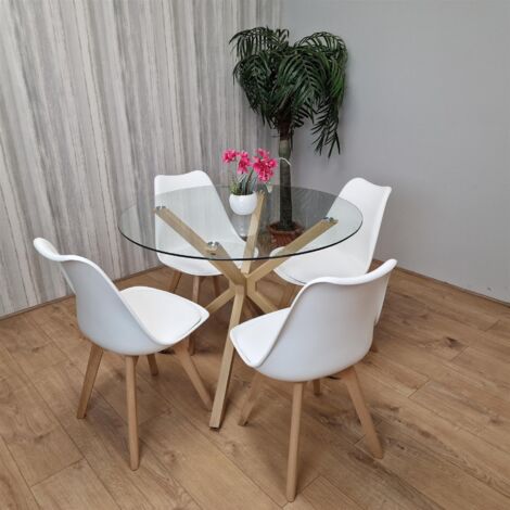 Dining Table Set with 4 Chairs Round Wood Effect Legs 4 Plastic White Chairs Dining Room