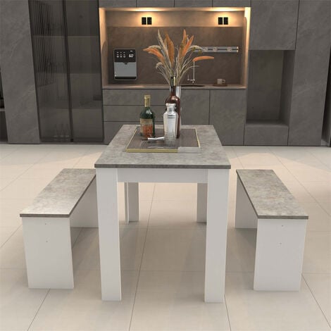 ABRIHOME Dining Table with 2 benches Dining Table Set for Kitchen, Dining Room, Small Space Artificial Marble (Grey and White)