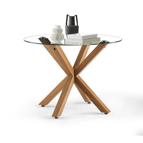 Dining Table,100cm Kitchen Table with Tempered Glass Top and Wooden Pattern Legs