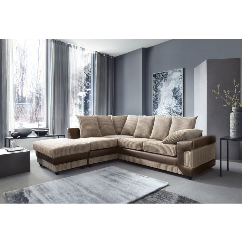 Image of Dino - Corner Sofa In Brown & Beige With a Large Footstool [Brown Left] - color Brown - Brown