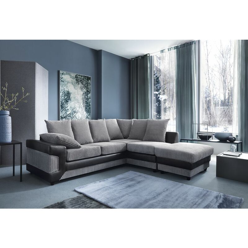 Image of Dino - Corner Sofa In Black & Grey With a Large Footstool [Black Right] - color Black - Black