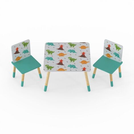 Dino Kids Table & 2 Chairs Set - Space Saving Play Furniture with Scandi Pine Legs & Dinosaur Graphics - Assembly Required