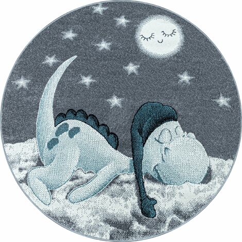 DINO - Tapis Enfant rond - Bleu (120x120cm)