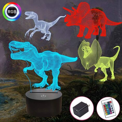 Dinosaur Bedside Lamp, 3D Hologram Illusion Night Light for Kids (4 Patterns) with Remote Control 16 Colors Changing Dimmable Function, Cool Xmas Birthday Gifts for Boys Child