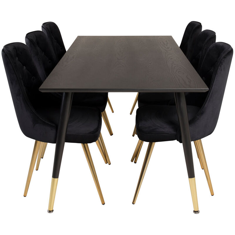 Ebuy24 Dipp180x90blbr Essgruppe Esstisch Schwarz Und 6 Velvet Deluxe Esszimmerstühle Velour Schwarz, Messing Dekor.