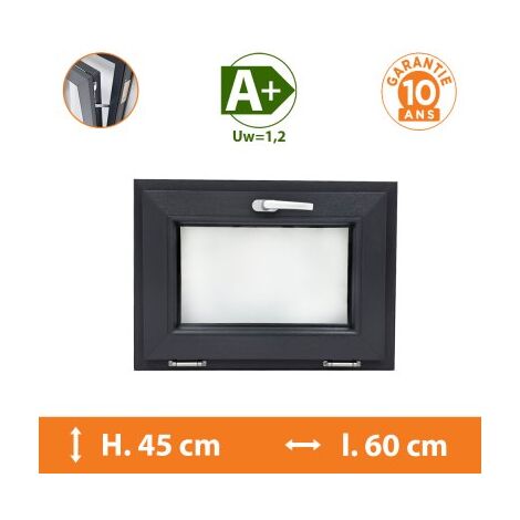 Direct Fenêtres – Châssis abattant gris 45x60 cm – Double vitrage 4/16/4 – Isolation thermique A+ – Crémone de sécurité 5 points – PVC traité anti-UV