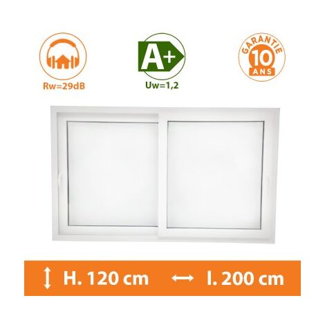 Direct Fenêtres – Châssis coulissant 2 vantaux blanc – Double vitrage 4/16/4 – Isolation thermique A+ – Dimensions H.120 x l.200 cm