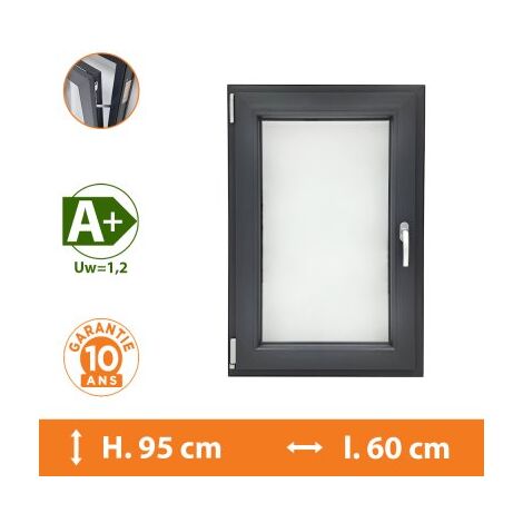 Direct Fenêtres – Fenêtre PVC 1 vantail gris anthracite – H.95 x l.60 cm – Double vitrage 4/16/4 avec gaz argon – Isolation thermique A+