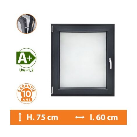 Direct Fenêtres – Fenêtre PVC 1 vantail gris anthracite – Ouverture oscillo-battante – H.75 x l.60 cm – Isolation thermique A+ et acoustique Rw=29dB