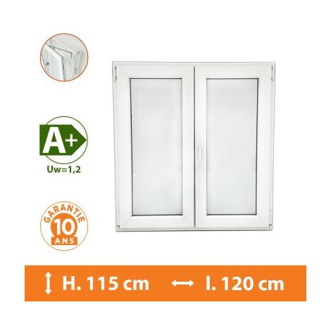 Direct Fenêtres – Fenêtre PVC 2 vantaux blanc – H.115 x l.120 cm – Double vitrage 4/16/4 avec gaz argon – Isolation thermique Uw = 1,2
