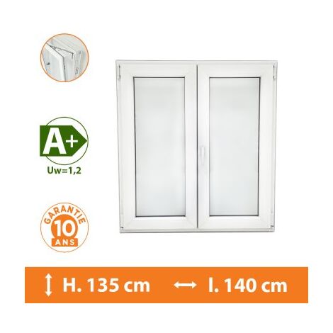 Direct Fenêtres – Fenêtre PVC 2 vantaux blanc H.135 x l.140 cm – Double vitrage 4/16/4 – Isolation thermique Uw 1,2 – Système oscillo-battant