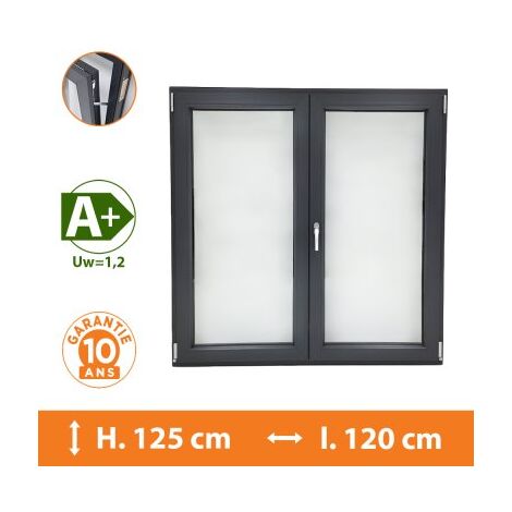 Direct Fenêtres – Fenêtre PVC 2 vantaux gris anthracite – H.125 x l.120 cm – Double vitrage 4/16/4 – Isolation thermique A+ – Système oscillo-battant sécurisé