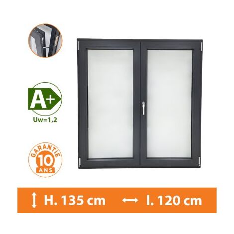 Direct Fenêtres – Fenêtre PVC 2 vantaux gris H.135 x l.120 cm – Double vitrage argon – Isolation thermique Uw 1,2 – Système oscillo-battant