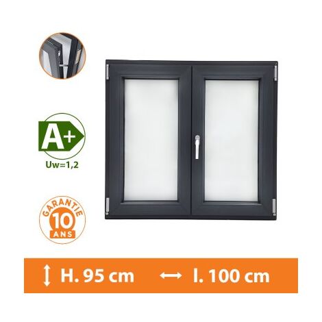 Direct Fenêtres – Fenêtre PVC 2 vantaux gris anthracite H.95 x l.100 cm – Double vitrage 4/16/4 – Isolation thermique A+ et acoustique Rw 29 dB