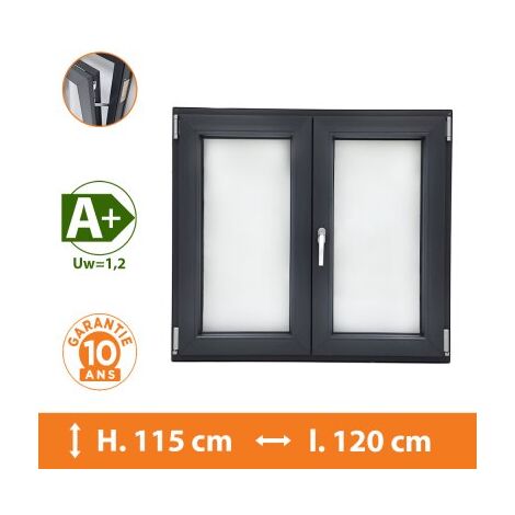 Direct Fenêtres – Fenêtre PVC 2 vantaux gris H.115 x l.120 cm – Double vitrage 4/16/4 avec gaz argon – Ouverture oscillo-battante – Isolation A+