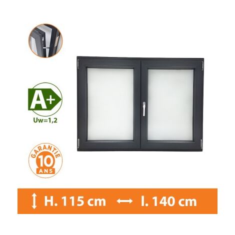 Direct Fenêtres – Fenêtre PVC 2 vantaux gris H.115 x l.140 cm – Double vitrage 4/16/4 – Isolation thermique Uw = 1,2 – Système oscillo-battant sécurisé