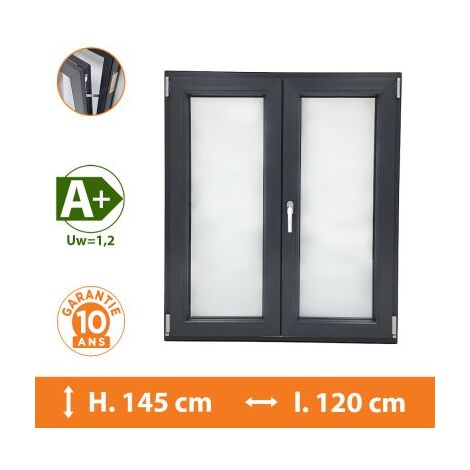 Direct Fenêtres – Fenêtre PVC 2 vantaux gris H.145 x l.120 cm – Double vitrage 4/16/4 – Isolation thermique Uw = 1,2 – Oscillo-battante 5 points de sécurité