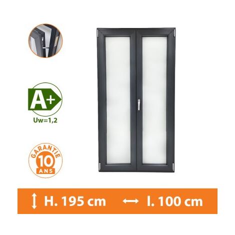 Direct Fenêtres – Fenêtre PVC 2 vantaux gris H.195 x l.100 cm – Double vitrage 4/16/4 – Isolation A+ (Uw = 1,2) – Ouvrant oscillo-battant 5 points de sécurité