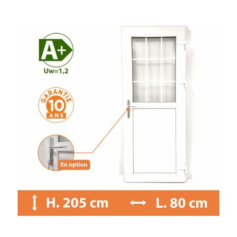 Direct Fenêtres – Porte de service PVC 1/2 vitrée croisillons – Blanc – Tirant droit – H.205 x l.80 cm – Isolation thermique optimale A