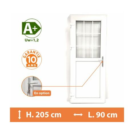 Direct Fenêtres – Porte de service PVC 1/2 vitrée croisillons – Blanc RAL 9016 – Tirant gauche – H.208 x l.96 cm – Isolation thermique A – Double vitrage dépoli