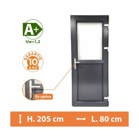 Direct Fenêtres – Porte de service PVC 1/2 vitrée – Gris anthracite RAL 7016 – H.205 x l.80 cm – Double vitrage dépoli – Isolation thermique et acoustique
