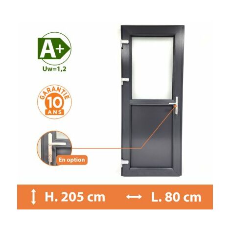 Direct Fenêtres – Porte de service PVC 1/2 vitrée – Gris anthracite RAL 7016 – H.205 x l.80 cm – Double vitrage dépoli – Isolation thermique Ud 1,4