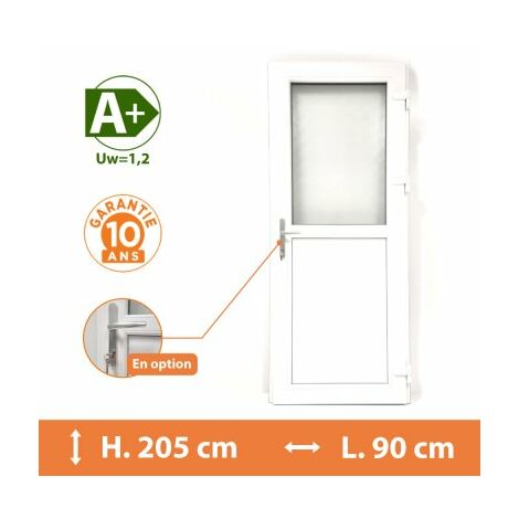 Direct Fenêtres – Porte de service PVC 1/2 vitrée – H.205 x l.90 cm – Double vitrage dépoli – Isolation thermique A – Sécurité renforcée