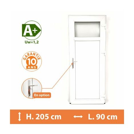 Direct Fenêtres – Porte de service PVC 1/4 vitrée – Blanc RAL 9016 – H.205 x l.90 cm – Double vitrage dépoli – Isolation thermique A – Seuil aluminium