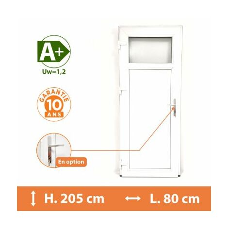 Direct Fenêtres – Porte de service PVC 1/4 vitrée – H.205 x l.80 cm – Double vitrage dépoli 44.2/12/4 – Isolation thermique Ud = 1,4 – Sécurité 5 points