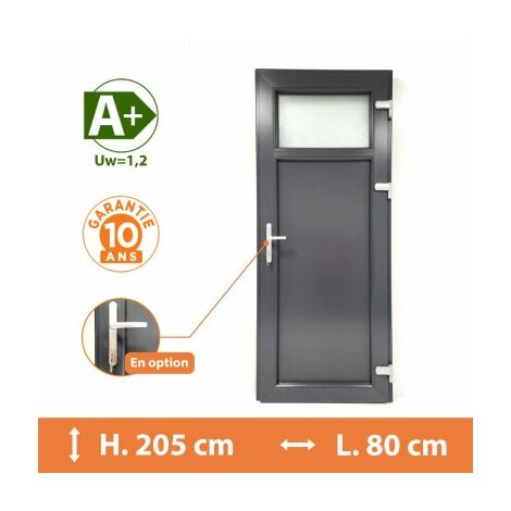 Direct Fenêtres – Porte de service PVC 1/4 vitrée – Gris anthracite RAL 7016 – H.205 x l.80 cm – Double vitrage 44.2/12/4 – Isolation thermique Ud = 1,4