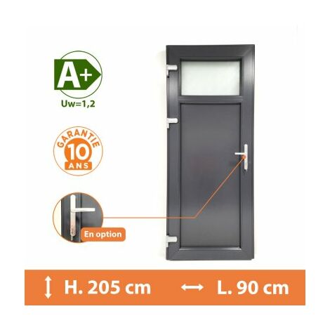 Direct Fenêtres – Porte de service PVC 1/4 vitrée – H.205 x l.90 cm – Double vitrage dépoli – Isolation thermique Ud 1,4 – Seuil extra plat PMR