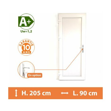 Direct Fenêtres – Porte de service PVC pleine – Isolation thermique Ud 1,4 – Isolation acoustique Rw 29 dB – H.205 x l.90 cm – Seuil aluminium PMR