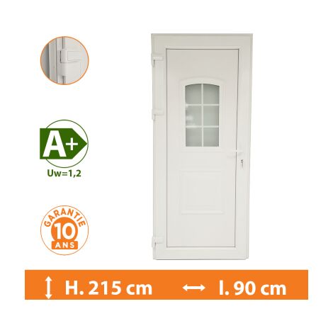 Direct Fenêtres – Porte d'entrée PVC blanc 1 vantail à la française – Isolation thermique et acoustique – Double vitrage 33.2/14/4 – Sécurité 5 points