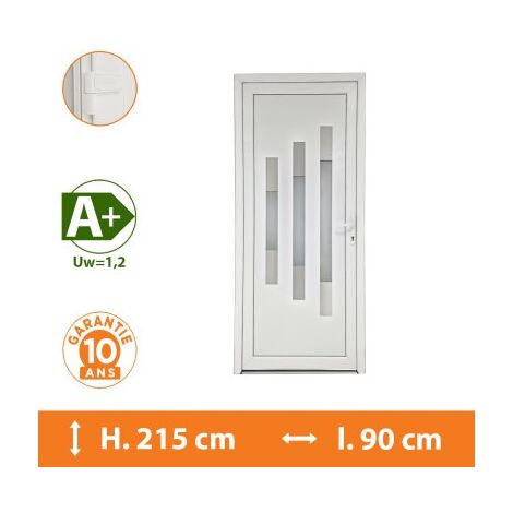 Direct Fenêtres – Porte d'entrée PVC blanc 1 vantail – Double vitrage clair 33.2/14/4 – Isolation thermique Ud 1,4 – Épaisseur dormant 70 mm