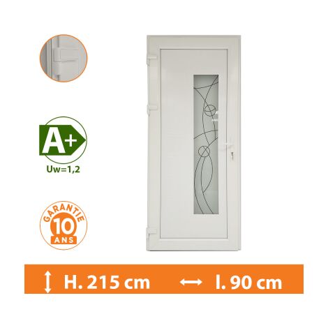 Direct Fenêtres – Porte d'entrée PVC blanc 1 vantail – Épaisseur 79mm – Isolation thermique Ud 1,4 – Sécurité 5 points – Double vitrage argon 33.2/14/4