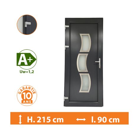 Direct Fenêtres – Porte d'entrée PVC gris 70mm – Double vitrage clair 33.2/14/4 – Isolation thermique Ud=1,4 – Sécurité 5 points de fermeture