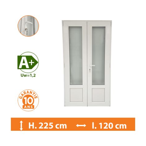 Direct Fenêtres – Porte-fenêtre aluminium 2 vantaux blanc H.225 x l.120 cm – Isolation thermique Uw=1.2 – Double vitrage 4/16/4 – Système anti-effraction