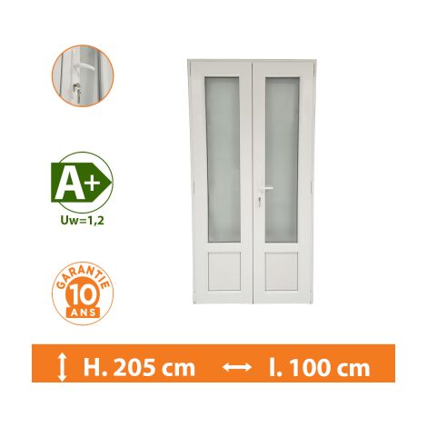 Direct Fenêtres – Porte-fenêtre PVC 2 vantaux blanc – H.205 x l.100 cm – Double vitrage 4/16/4 avec gaz Argon – Isolation thermique A+