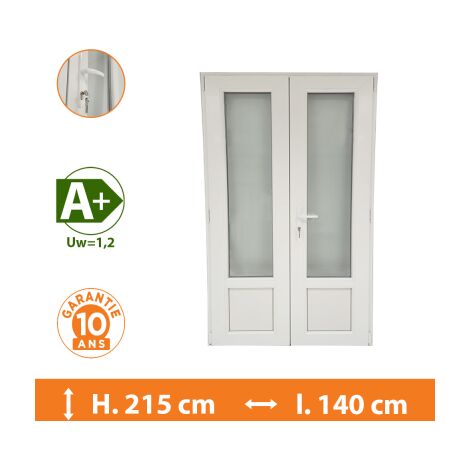 Direct Fenêtres – Porte-fenêtre PVC 2 vantaux blanc – H.215 x l.140 cm – Double vitrage 4/16/4 – Isolation thermique A+ – Tirant droit