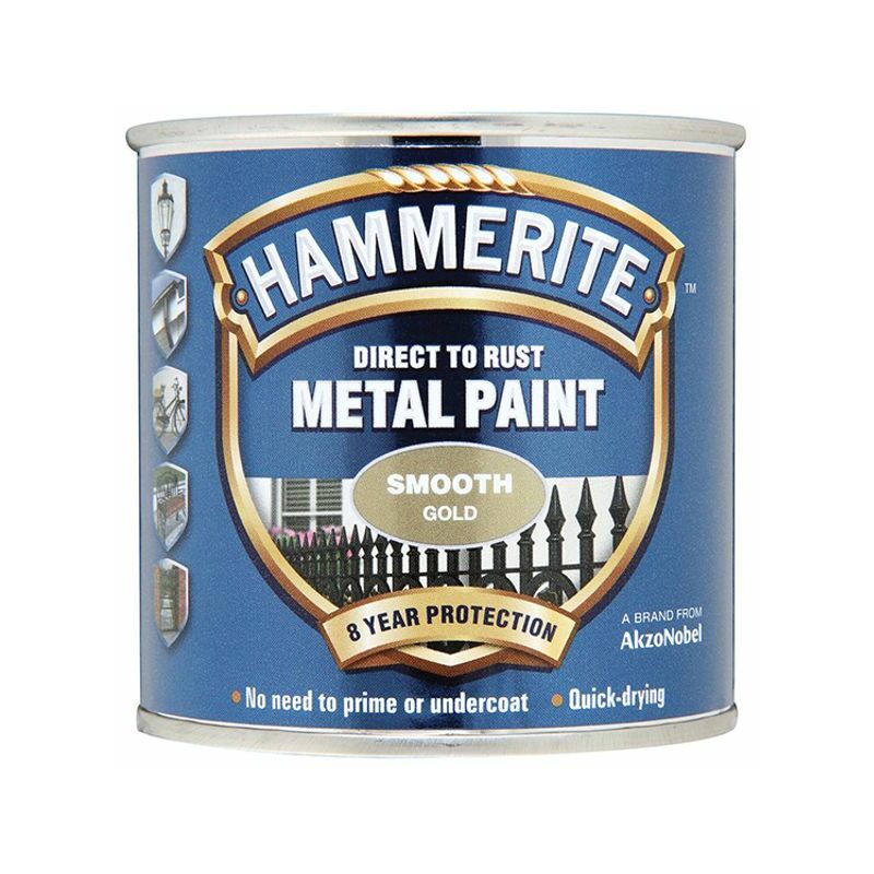 Hammerite - Direct to Rust Smooth Finish Metal Paint Gold 250ml HMMSFGO250