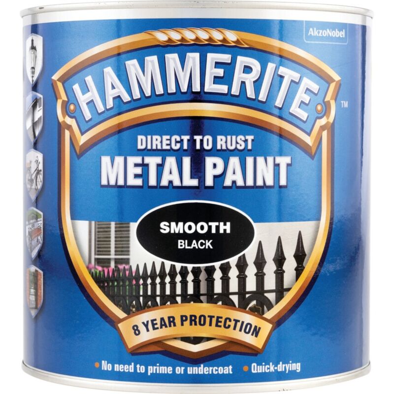 Hammerite - Direct to Rust Smooth Black Metal Paint - 2.5LTR - Black