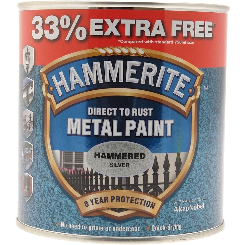 Hammerite - Hammered Direct To Rust Metal Paint - 750ML + 33% Extra Free - Silver - Silver