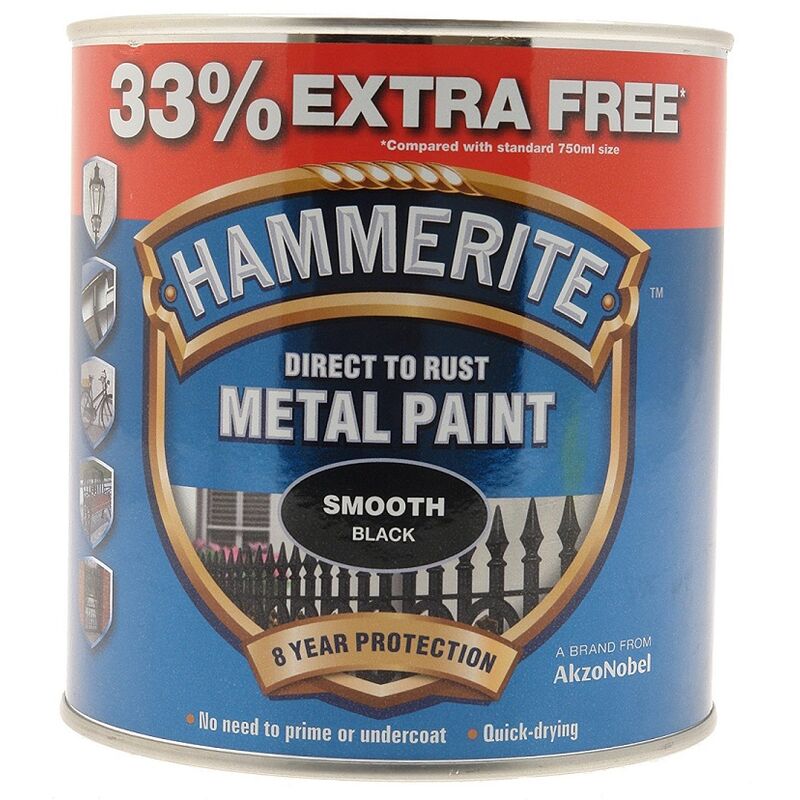 Hammerite - Smooth Direct To Rust Metal Paint - 750ML + 33% Extra Free - Black - Black