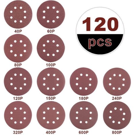 Dischi abrasivi 120X Dischi abrasivi da 125 mm per levigatrice circolare, carta vetrata a grana 40/60/80/100/120/150/180/240/320/400/600/800, 8 fori, per levigatura, lucidatura, rimozione della ruggin