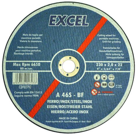 Dischi da taglio sottile centro piano per ferro/inox Ø mm.230 - Ø mm.230x2,0 foro 22,2 da taglio per ferro/inox - 10 pz