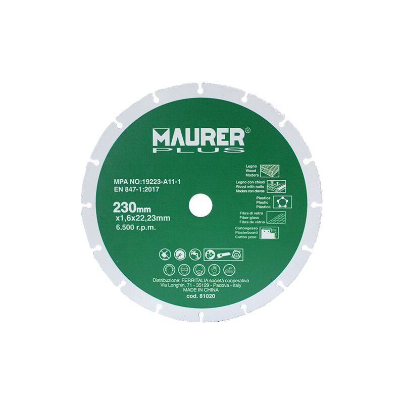 Image of Maurer - Disco al carburo di tungsteno 230mm per legno cartongesso pvc mdf fibra ecc..